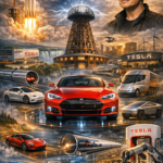 Illustration représentant l’histoire de la marque Tesla Motors avec ses modèles emblématiques (Model S, Model 3, Model X, Cybertruck, Roadster), ses innovations technologiques (Autopilot, Superchargeurs, Gigafactory, Hyperloop)