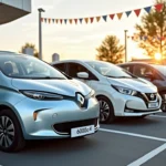 Voiture électrique occasion Renault Zoé à 6000 euros exposée en concession au coucher du soleil