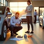 Couple inspectant une voiture électrique d'occasion dans un showroom au coucher du soleil, avec câble de recharge et calculatrice au sol