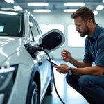 Technicien inspectant la connexion d'un câble de recharge sur une voiture électrique blanche dans un atelier