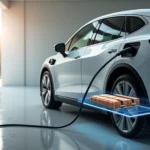 Voiture électrique en charge avec batterie visible sous le châssis illustrant la durée de vie batterie voiture électrique