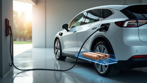 Voiture électrique en charge avec batterie visible sous le châssis illustrant la durée de vie batterie voiture électrique