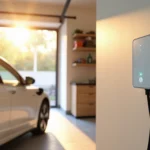 Meilleure borne de recharge domicile installée au mur d'un garage avec une voiture électrique blanche en arrière-plan