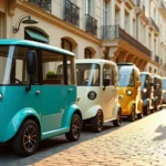 Rangée de voitures électriques mini colorées garées dans une rue pavée parisienne ensoleillée