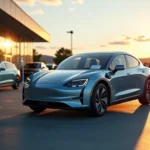 Voiture électrique berline bleue garée sur un parking de concession au coucher du soleil, avec une borne de recharge et d'autres véhicules électriques en arrière-plan.