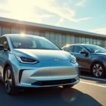 Plusieurs voitures électriques d'occasion alignées sur un parking de concession en 2026, illustrant le marché des VE pas chers en France.