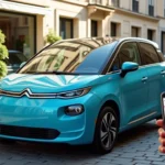 Voiture électrique sans permis occasion bleue garée en ville, avec une main tenant un smartphone affichant des annonces