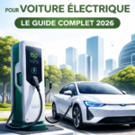 Borne de recharge rapide pour voiture électrique en ville avec véhicule branché, illustrant le guide complet 2026 sur la recharge des voitures électriques