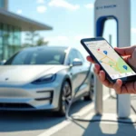 Conducteur tenant un smartphone affichant une application de navigation pour véhicule électrique, devant une voiture branchée à une borne de recharge