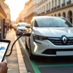 Homme consultant une tablette devant une Renault électrique en charge à une borne urbaine au coucher de soleil