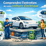 Infographie sur l'entretien d'une voiture électrique illustrant les 5 points clés : batterie et autonomie, moteur électrique, freins et pneus, climatisation et filtres, révisions et diagnostics.