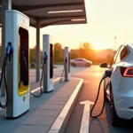 Bornes de recharge rapide pour voiture électrique dans un parking au coucher du soleil en France