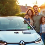 Famille souriante devant une voiture électrique Renault blanche, illustrant le micro crédit voiture propre accessible aux ménages modestes en 2026.