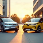 Volkswagen ID.Polo grise et Renault R5 jaune face à face devant une borne de recharge au coucher du soleil