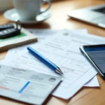 Documents administratifs pour vendre sa voiture : certificat de cession, carte grise, clés de véhicule, smartphone et ordinateur sur un bureau