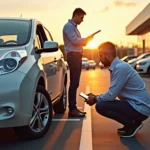 Deux hommes inspectant une voiture électrique d'occasion dans un parking de concession au coucher du soleil
