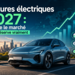 Voiture électrique 2027 branchée à une borne de recharge, avec graphique de croissance du marché et icônes autonomie, prix et innovations durables