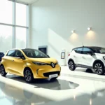 Showroom Renault 2026 avec trois voitures électriques exposées — Zoe jaune, Captur blanc et Mégane bleue — sous lumière naturelle