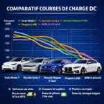 Infographie comparant les courbes de charge VE de cinq modèles électriques : Tesla, Hyundai, Renault, Peugeot et BMW.