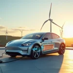 Voiture électrique en charge au coucher de soleil avec des éoliennes en arrière-plan et une représentation graphique de la batterie