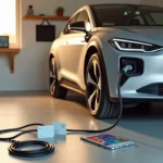 Voiture électrique Renault en charge dans un garage avec câble de recharge, badge RFID et smartphone posés au sol