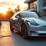 Tesla grise branchée sur une borne de recharge murale à domicile au coucher de soleil devant une maison moderne