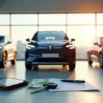 Trois voitures électriques Renault exposées dans une concession, avec un contrat de leasing, une clé de voiture et des billets en euros posés au premier plan.