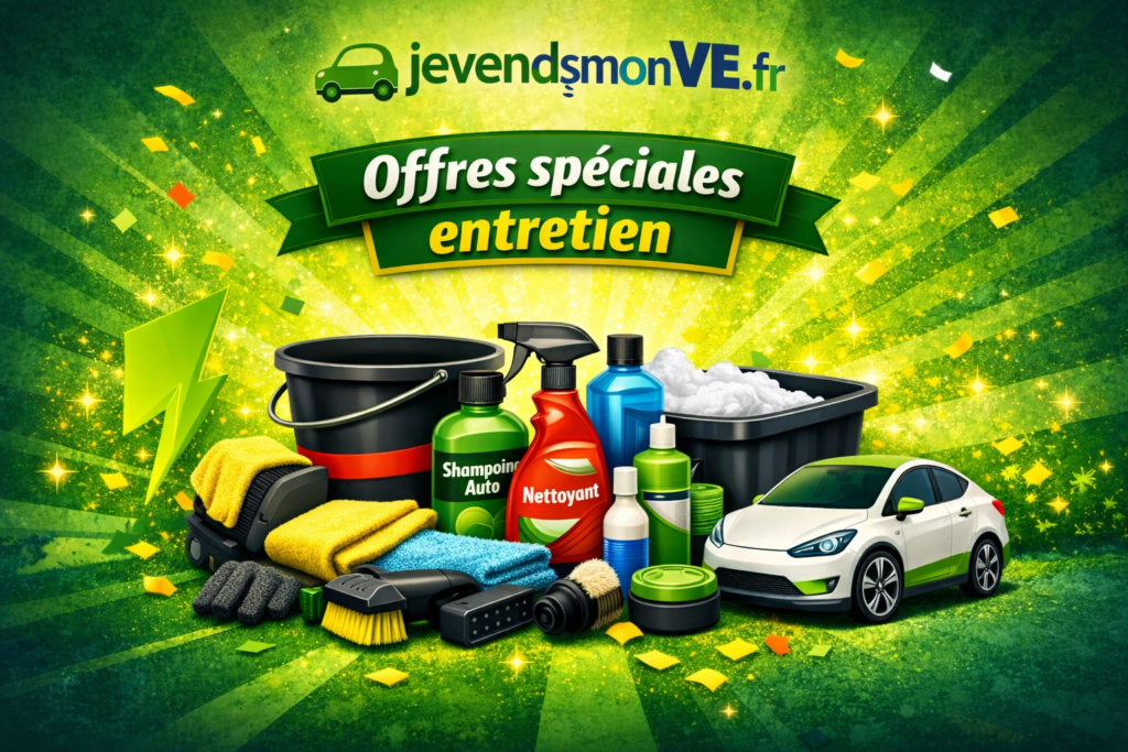 Découvrez les produits d’entretien pour véhicules électriques proposés par JeVendsMonVE.fr, la plateforme dédiée à la mobilité propre. Ce visuel met en avant une sélection d’accessoires de lavage et de soin automobile : shampoing auto, nettoyant, seau, lavettes microfibres, brosses et sprays. Un design lumineux aux tons verts et jaunes symbolise l’énergie, la propreté et la durabilité, avec une voiture électrique stylisée pour rappeler l’univers VE.