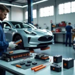 Technicien en combinaison bleue inspectant des composants de batterie pour la réparation d'une voiture électrique dans un garage spécialisé moderne.