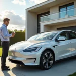 Homme consultant son smartphone à côté de sa berline électrique blanche garée devant une maison moderne, avant de vendre sa voiture électrique en ligne.