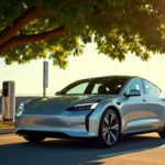 Voiture électrique blanche garée à l'ombre d'un arbre près d'une borne de recharge par temps ensoleillé