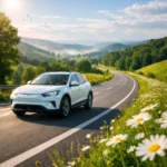 Voiture électrique en éco‑conduite sur une route de campagne verdoyante, illustrant la conduite douce et économique.