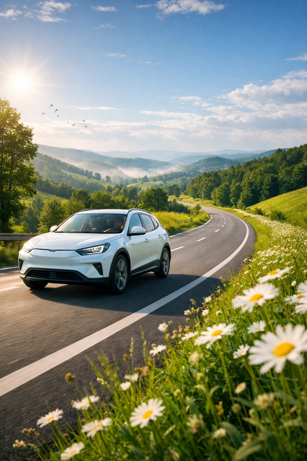 Voiture électrique en éco‑conduite sur une route de campagne verdoyante, illustrant la conduite douce et économique.