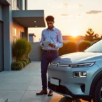Homme consultant une tablette à côté de sa voiture électrique branchée sur une borne de recharge à domicile au coucher du soleil, comparant les offres d'assurance voiture électrique.