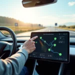 Conducteur utilisant l'écran tactile de sa voiture électrique pour planifier un trajet avec des arrêts de recharge sur autoroute