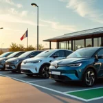 Range de voitures électriques Renault en charge en France au coucher du soleil, illustrant le marché voiture électrique France.